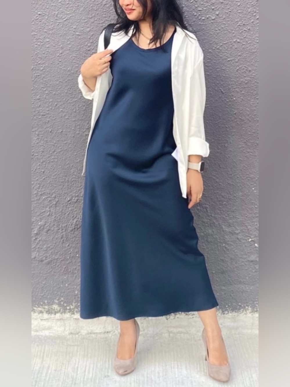 Uniqlo Satin Sleeveless Navy Maxi Dress, Like New, Sz. XS